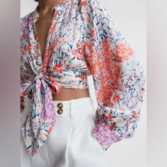 REISS ELLE FLORAL PRINT TIE FRONT CROPPED BLOUSE SIZE 0 - Picture 8 of 11